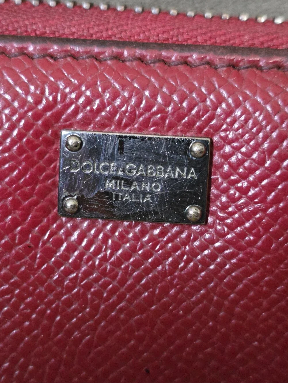 Dolce & Gabbana Red Saffiano Leather Zip Around Wallet Logo Plaque